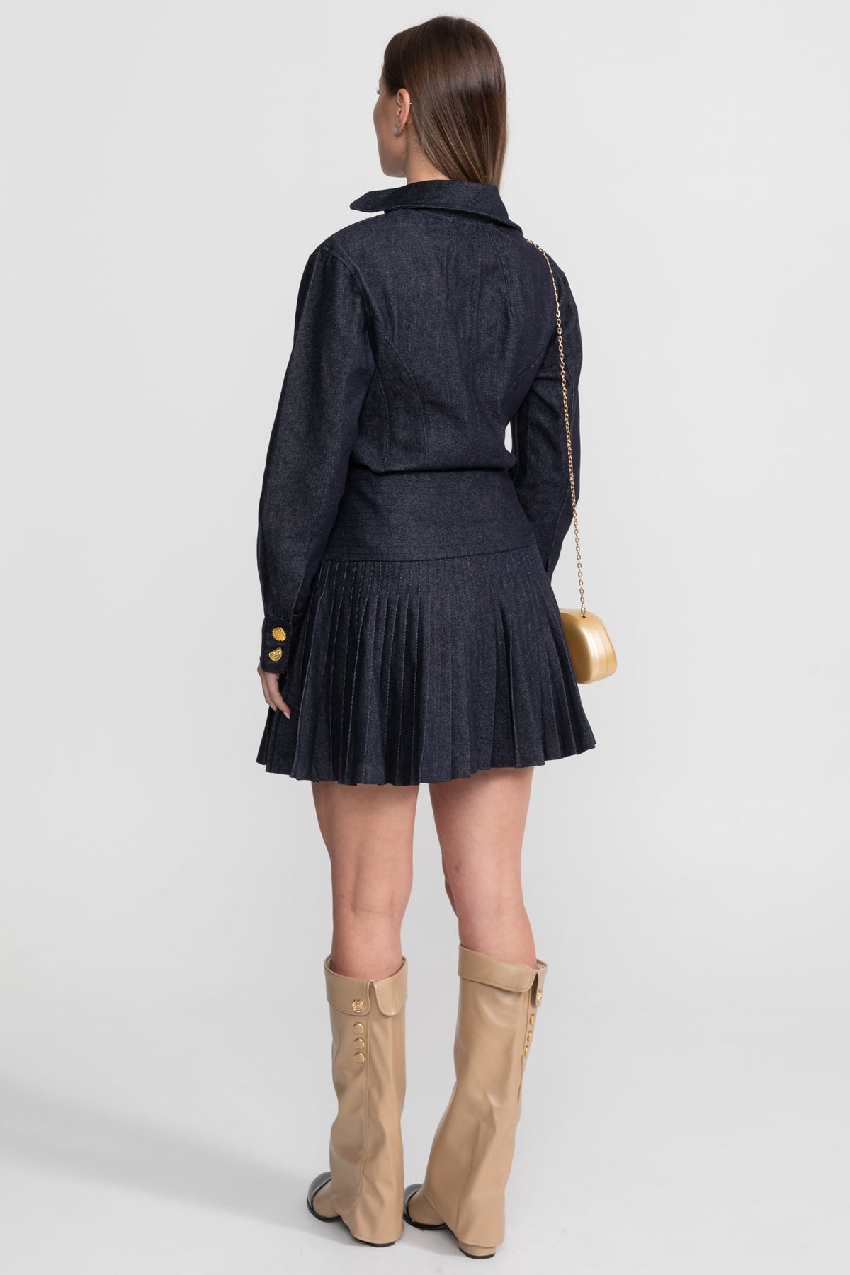 Denim Long Sleeve Collared V-Neck Metallic Button Pleated Mini Dress - View 10