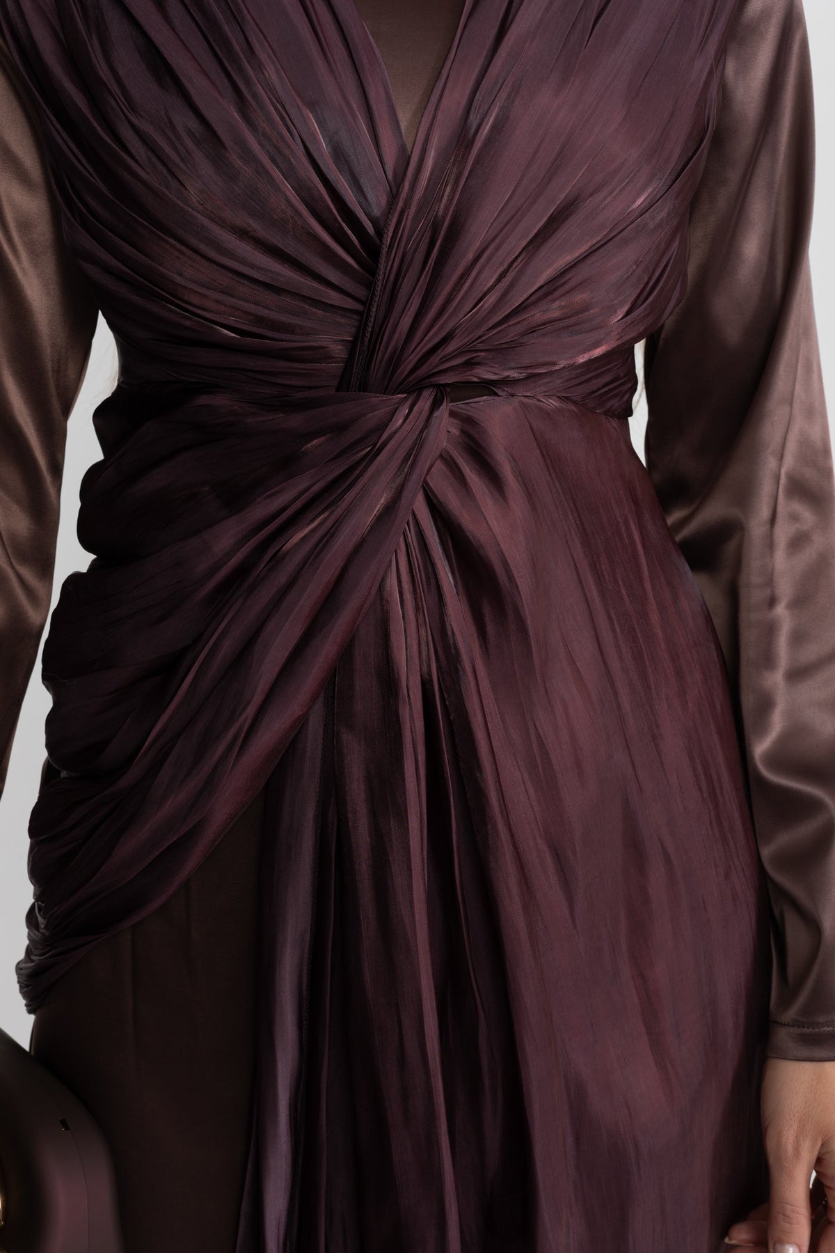 Satin Midi Dress with Draped Overlay and Knot Detail - Brown - View 5