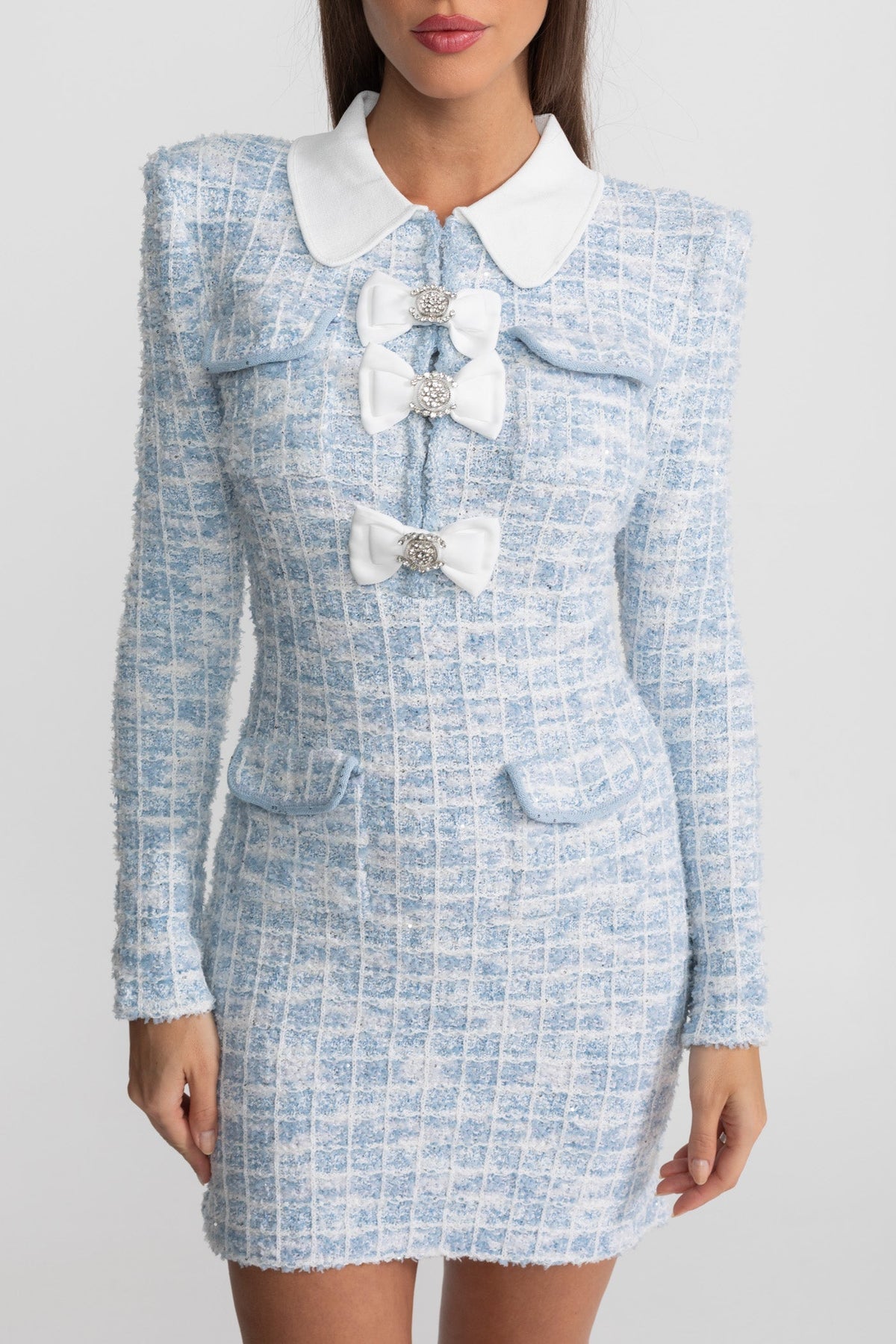 Tweed Long Sleeve Contrast Collar Crystal Bow Mini Dress - View 7