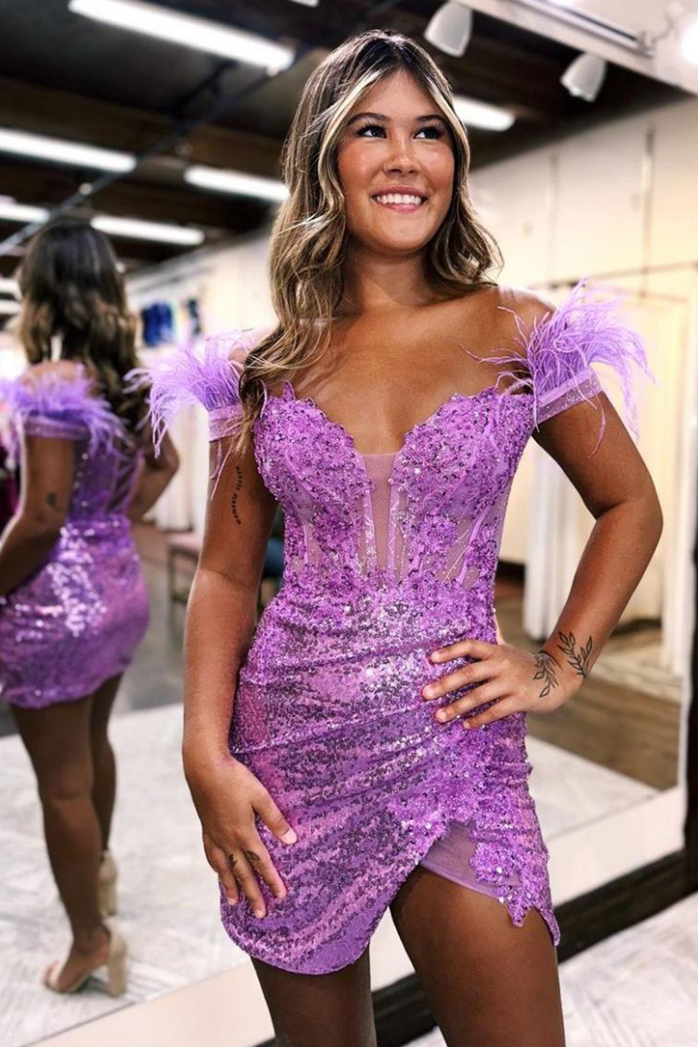 Sequin Off-the-Shoulder Lace-Up Corset Short Homecoming Dress with Feather - Fashionpara