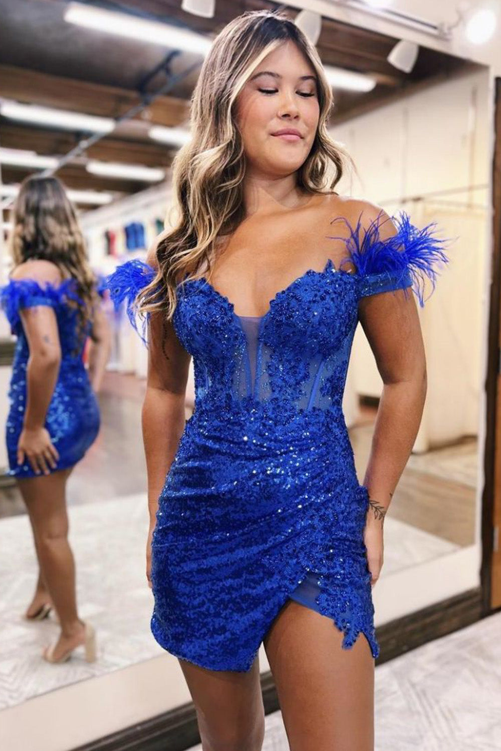 Sequin Off-the-Shoulder Lace-Up Corset Short Homecoming Dress with Feather - Fashionpara
