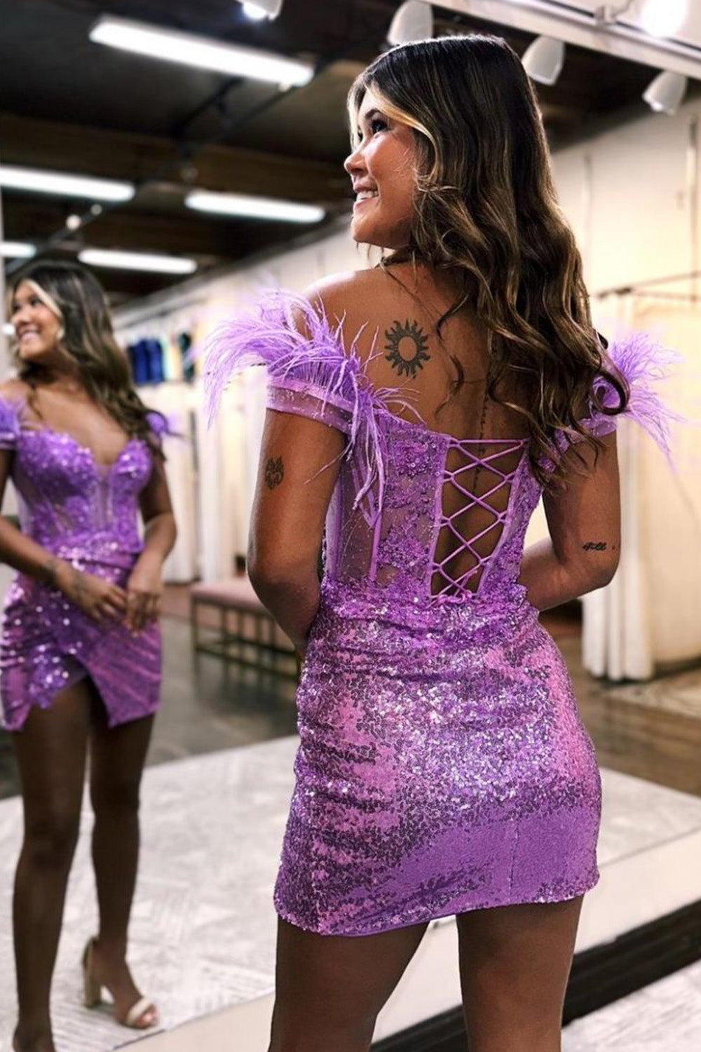 Sequin Off-the-Shoulder Lace-Up Corset Short Homecoming Dress with Feather - Fashionpara