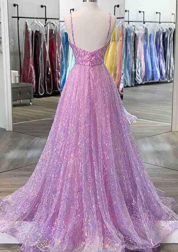 Sequined A-Line V-Neck Prom Dress/Evening Dress With Pleated Sweep Train - Fashionpara