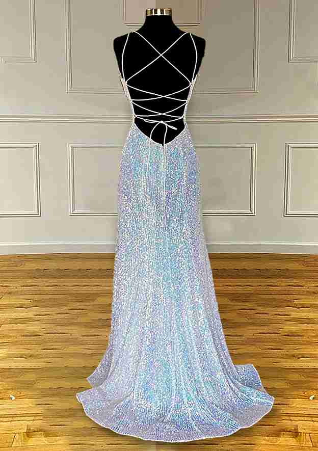 Sequined Prom Dress/Evening Dress With Pleated Sheath/Column V-Neck Spaghetti Straps and Sweep Train - Fashionpara