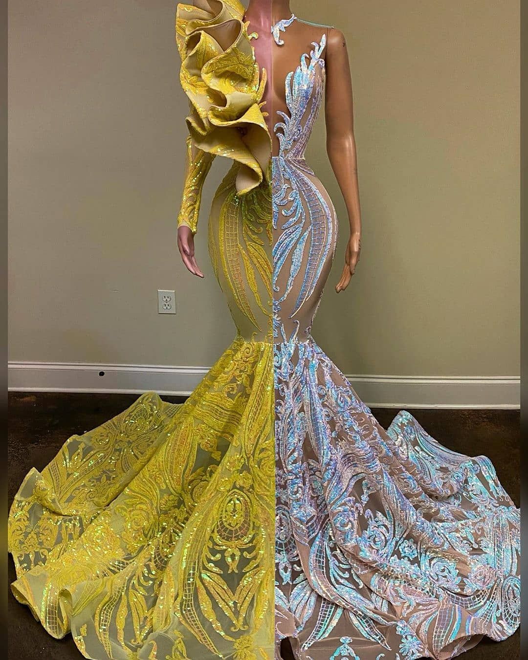 Sequins Mermaid Prom Dress Long With Ruffle - Fashionpara