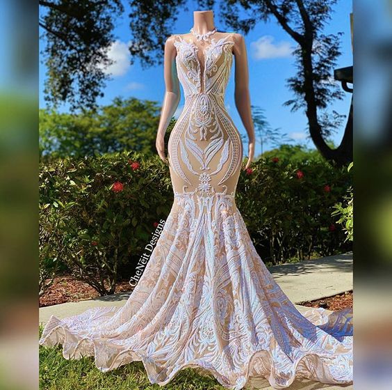 Sequins Prom Dress Mermaid Sequins Sleeveless Long - Fashionpara