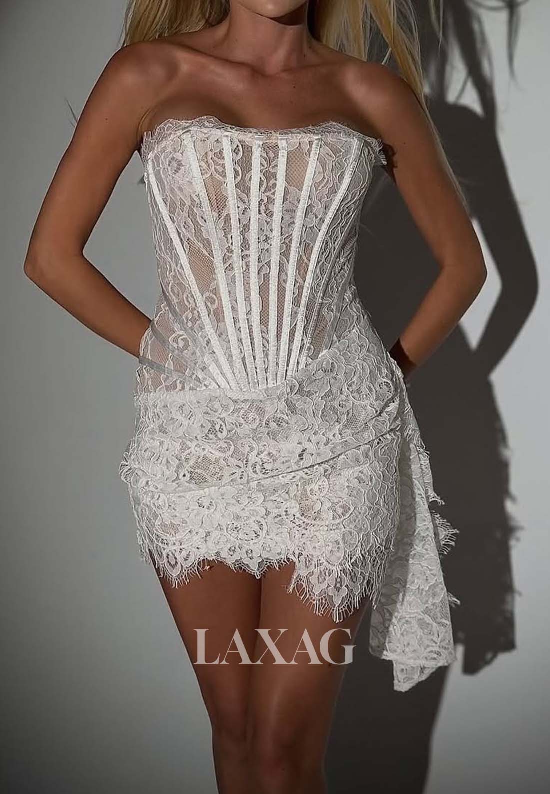 Tube Top Off-Shoulder Sleeveless Pleated Allover Lace Mermaid Party Homecoming Dress