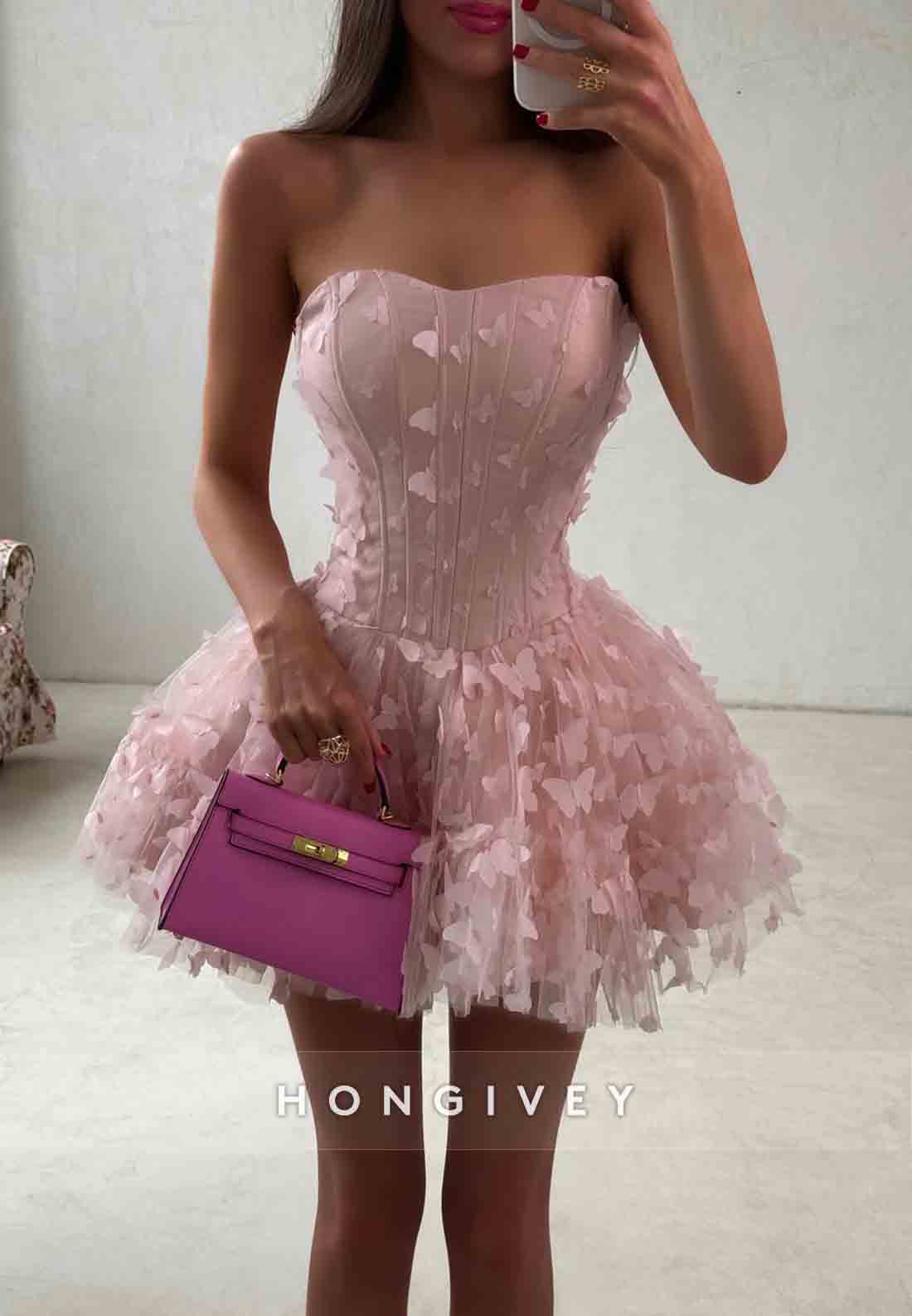 Butterfly Strapless Ball Gown Sweetheart Sleeveless Mini Homecoming Dresses
