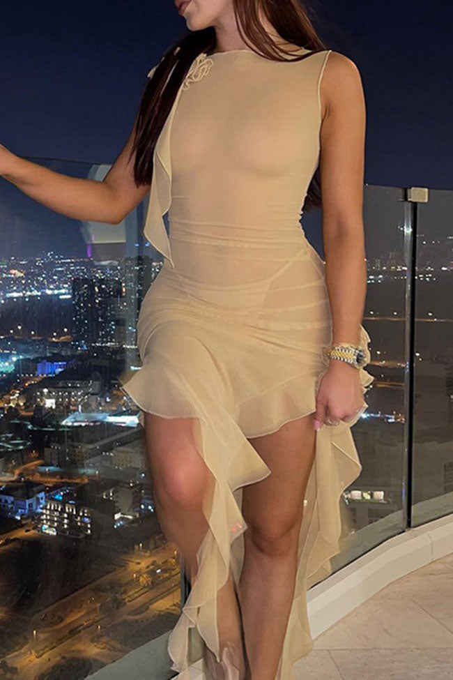 Sexy 3D Flower Ruffle Strap Sleeveless Sheer Mesh Mini Dress - Apricot - View 2