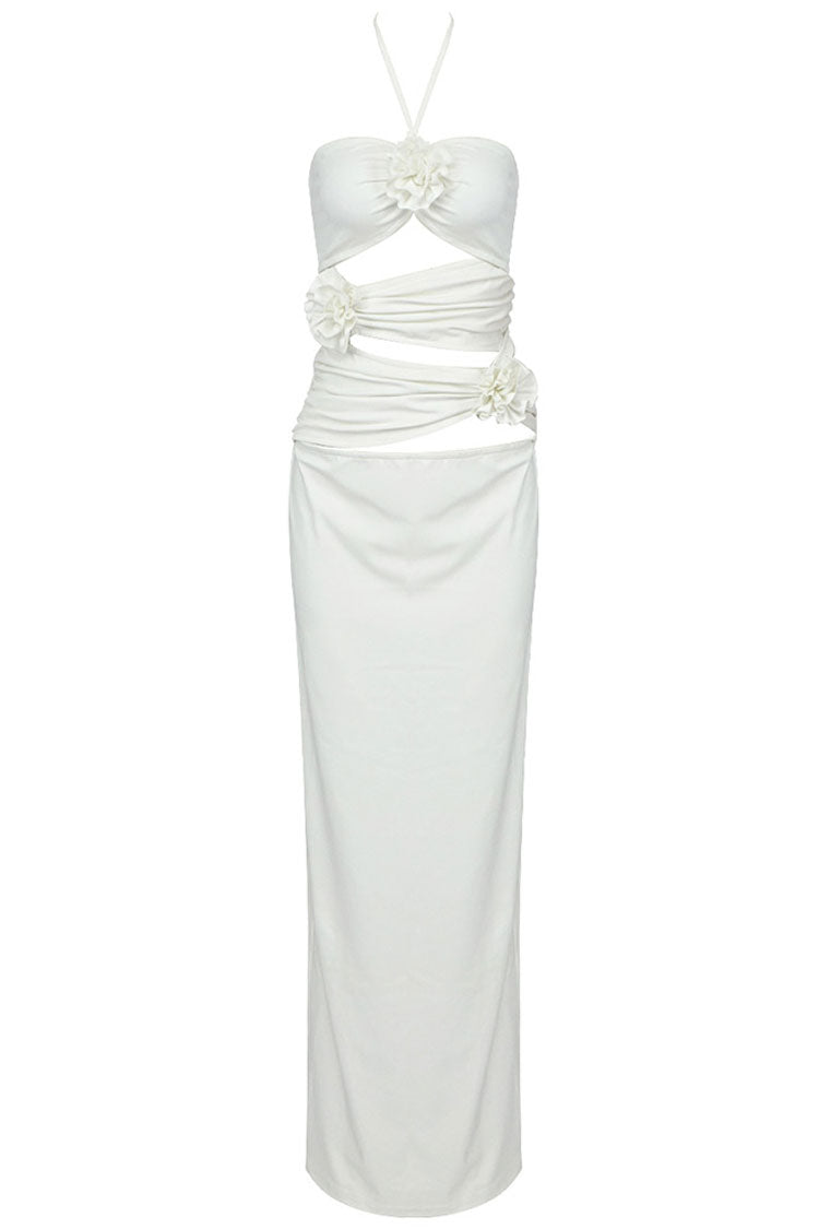 3D Floral Halter Neck Cut Out Ruched Maxi Dress - View 6