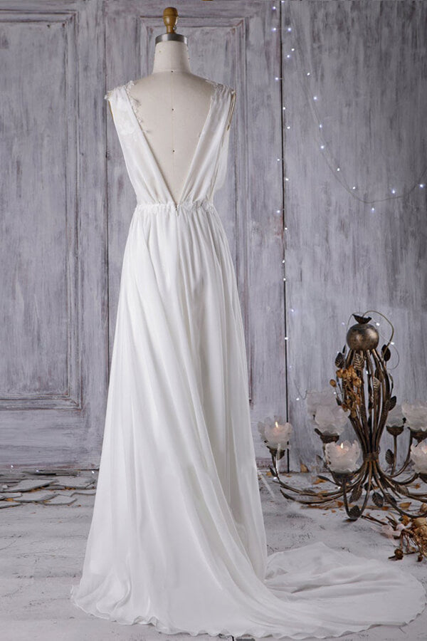Sexy A-line V-Neck Chiffon Wedding Dress Sleeveless Lace Appliques Bridal Gowns On Sale - Fashionpara