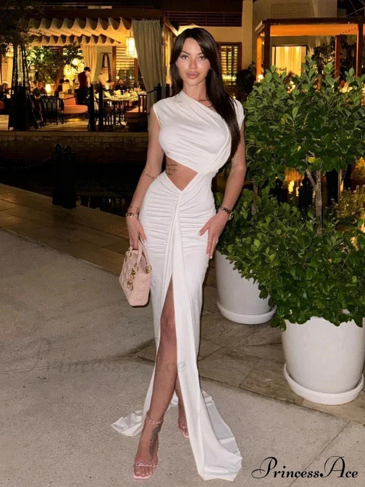 Sexy Asymmetrical Neck Hollow Out White Sleeveless Split Ruched Christmas Party Dress