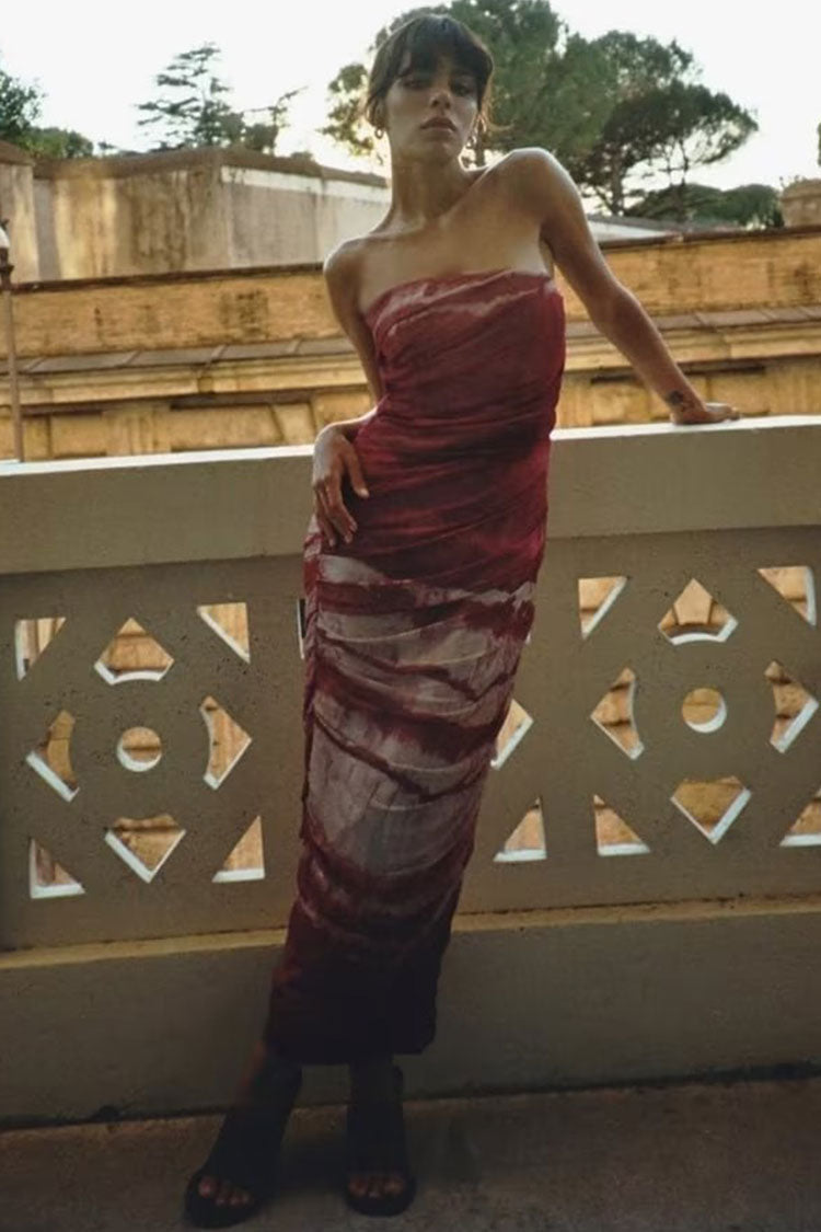 Bicolor Tie Dye Printed Ruched Bodycon Mesh Strapless Midi Dress - Wine - Fashionpara