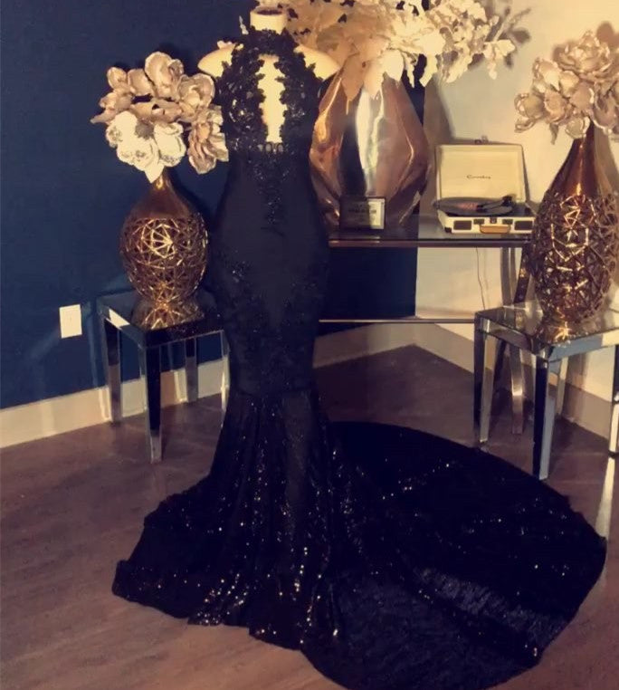 Sexy Black Halter Mermaid Prom Dress With Sequins Appliques - Fashionpara