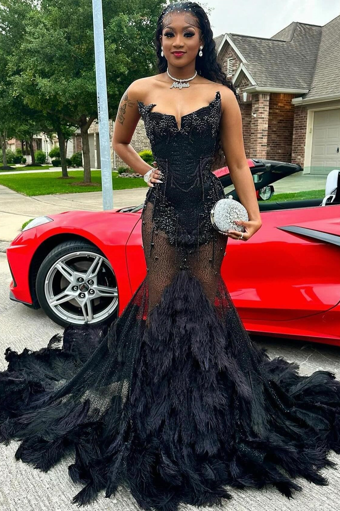Sexy Black Sweetheart Mermaid Crystal Prom Dress with Feathers
