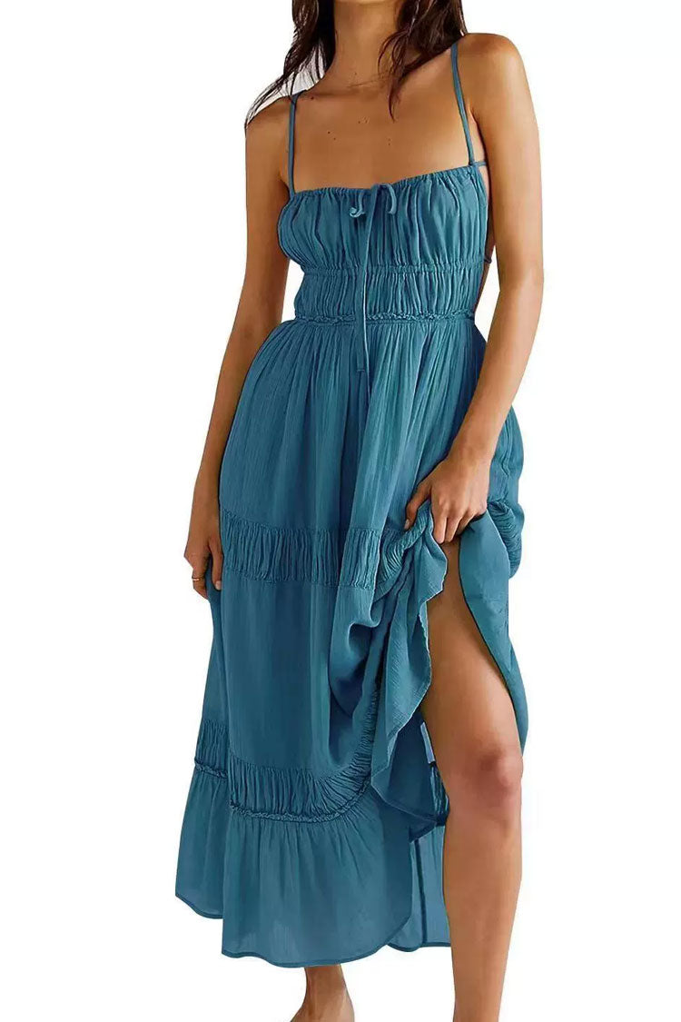 Sexy Bow Tie Backless Smocked Tiered Ruffle Beach Vacation Midi Sundress