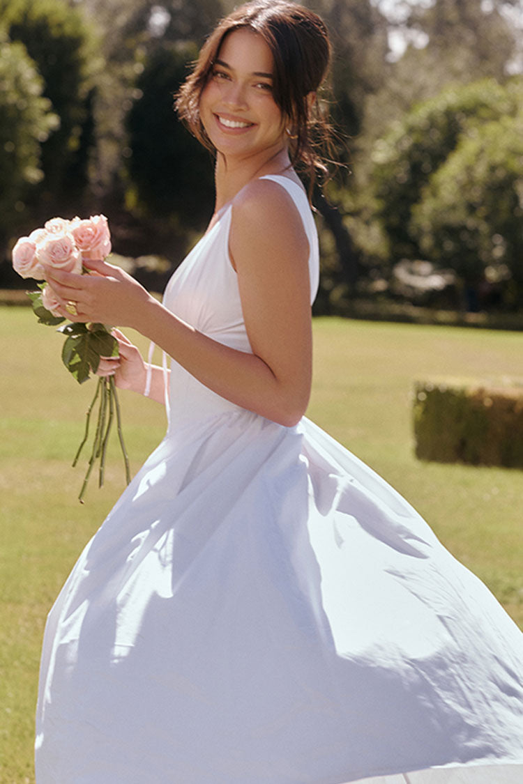 Sexy Bow Tie Deep V Ruched Drop Waist Pocket Corset Midi Sundress - White - Fashionpara