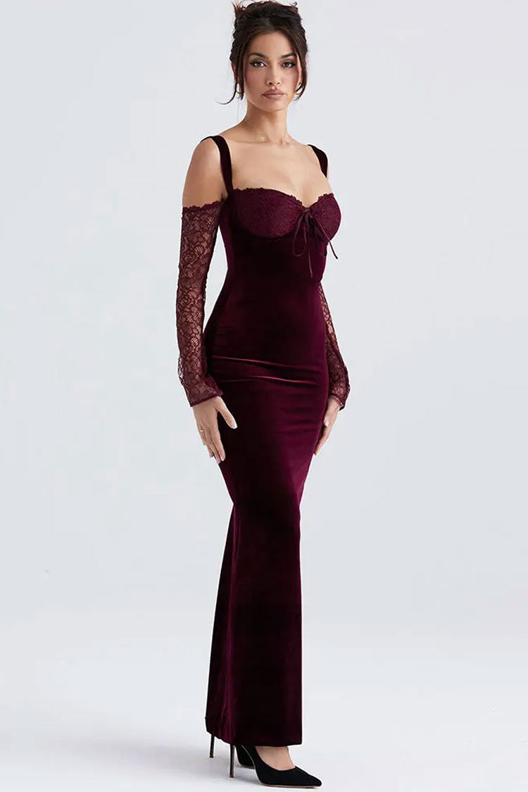 Sexy Bow Tie Sweetheart Cutout Shoulder Velvet Evening Maxi Dress - Burgundy  Fashionpara