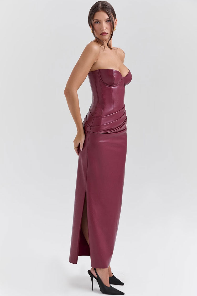 Sexy Bustier Strapless Ruched Vegan Leather Bodycon Evening Maxi Dress