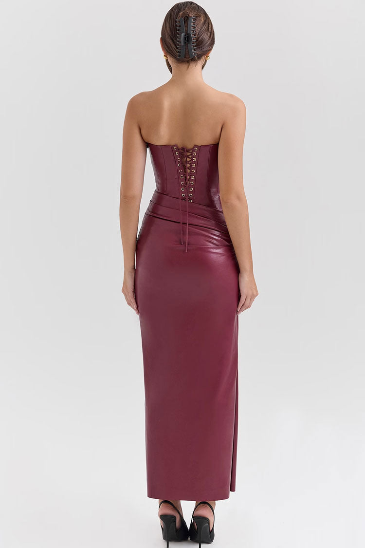 Sexy Bustier Strapless Ruched Vegan Leather Bodycon Evening Maxi Dress