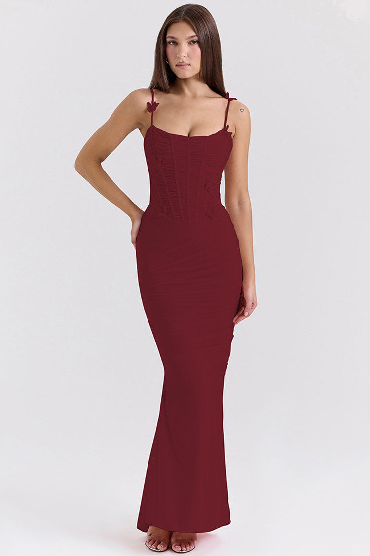 Sexy Butterfly Applique Ruched Bodycon Mesh Mermaid Evening Maxi Dress