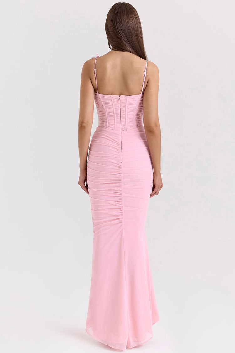 Sexy Butterfly Applique Ruched Bodycon Mesh Mermaid Evening Maxi Dress