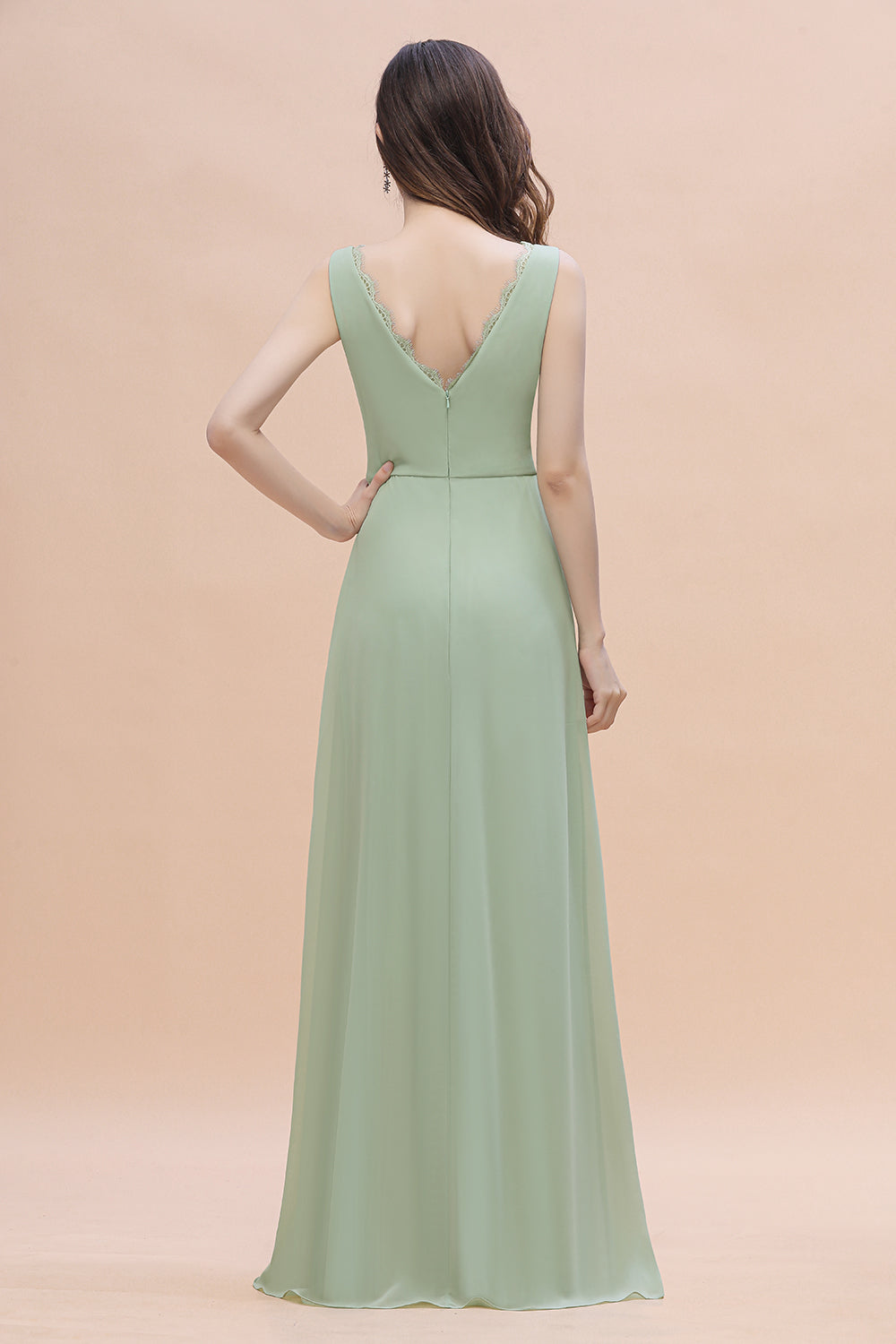 Sexy Chiffon Ruffles Dusty Sage Bridesmaid Dresses with Lace Edge On Sale - Fashionpara
