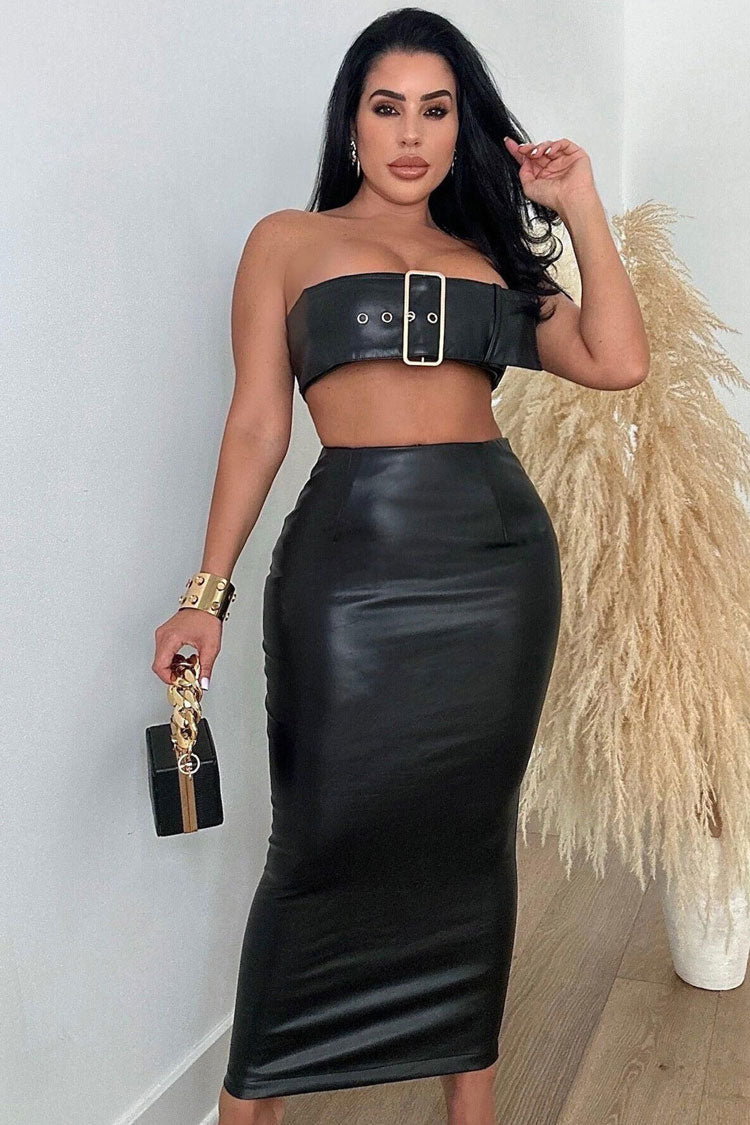 Sexy Club Vegan Leather Buckled Bra Zip Up Maxi Two Piece Dress - Black - Fashionpara