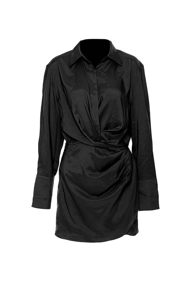 Sexy Collared Button Up Long Sleeve Ruched Bodycon Mini Shirt Dress - Fashionpara