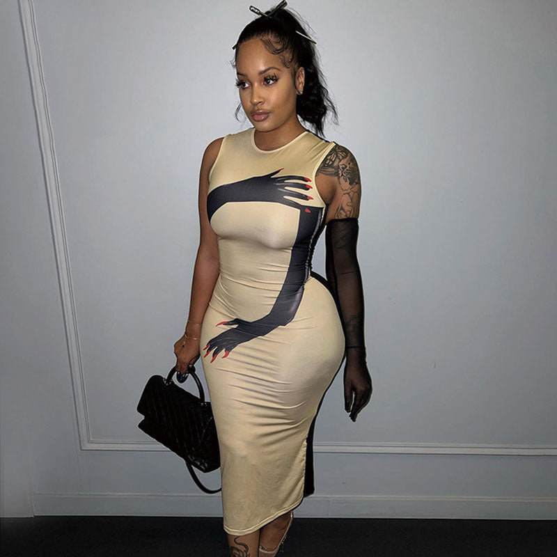 Sexy Crew Neck Glove Print Bodycon Sleeveless Party Midi Dress - Khaki - Fashionpara