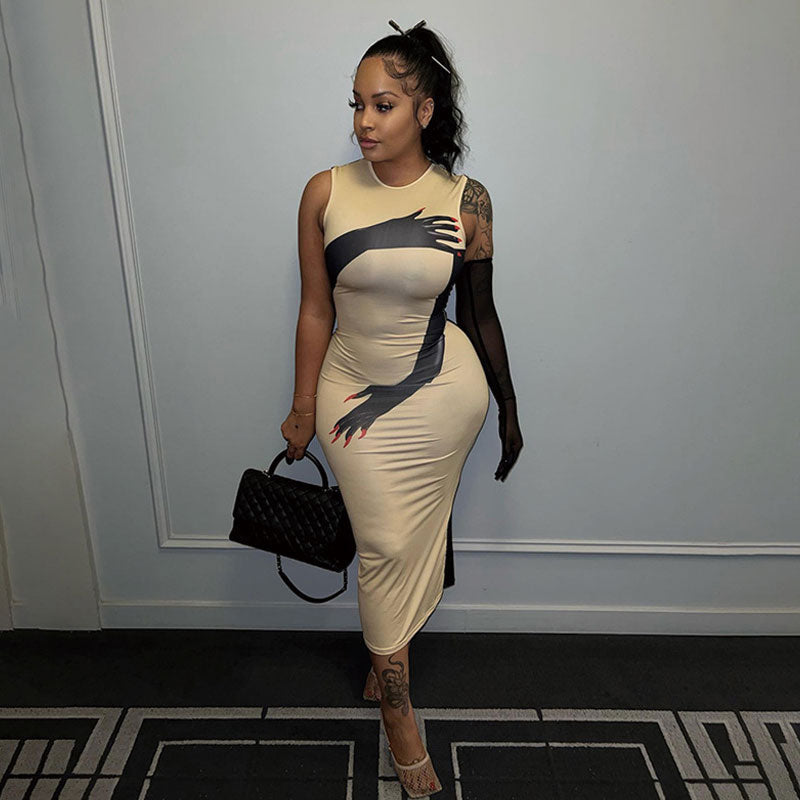 Sexy Crew Neck Glove Print Bodycon Sleeveless Party Midi Dress - Khaki - Fashionpara