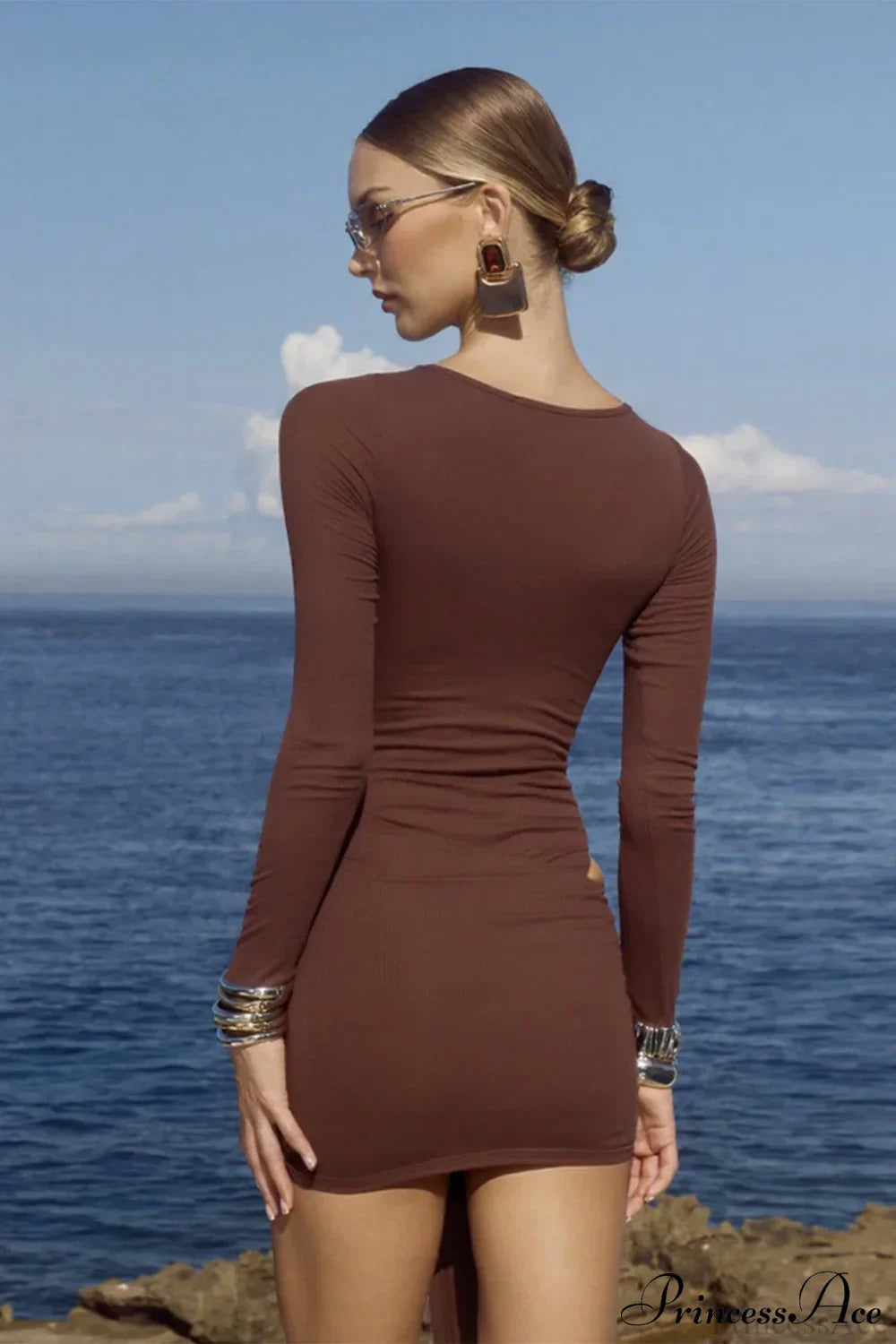 Boat Neck Long Sleeve Draped Cut Out Bodycon Mini Dress 3