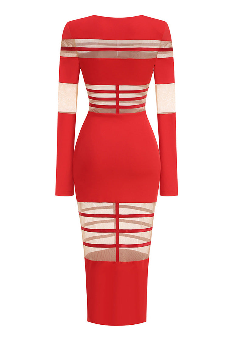Sexy Crew Neck Long Sleeve Sheer Mesh Panel Bandage Cocktail Midi Dress - Fashionpara