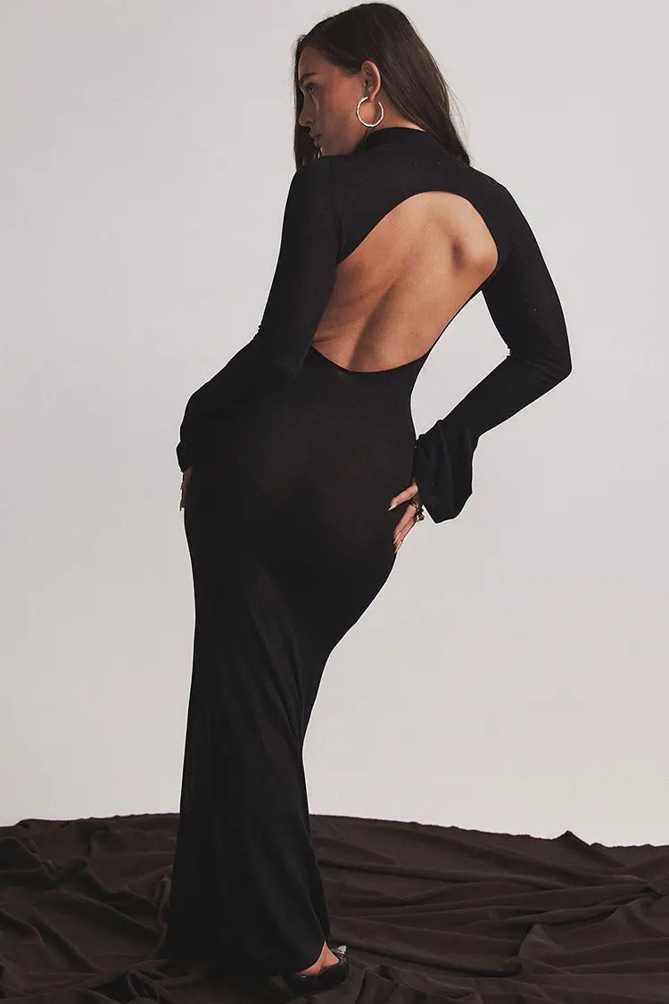 Sexy Cutout Back Mock Neck Bell Sleeve Fishtail Evening Maxi Dress - Black  Fashionpara