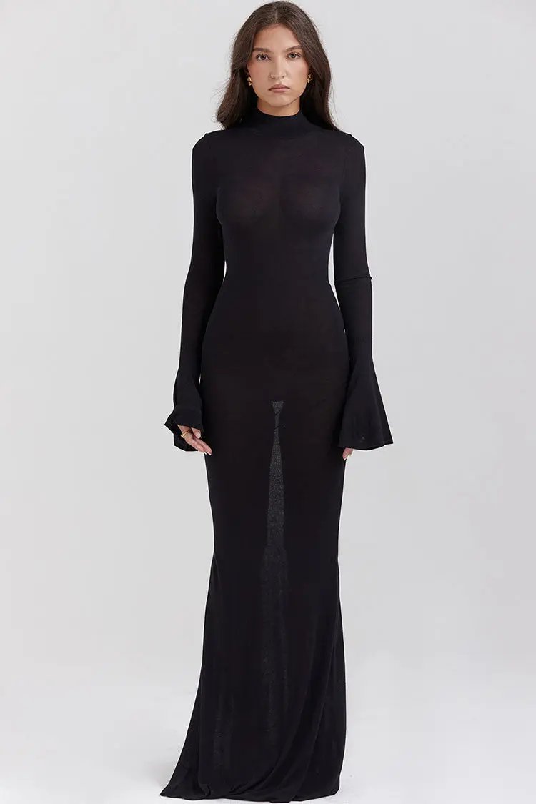 Sexy Cutout Back Mock Neck Bell Sleeve Fishtail Evening Maxi Dress - Black  Fashionpara