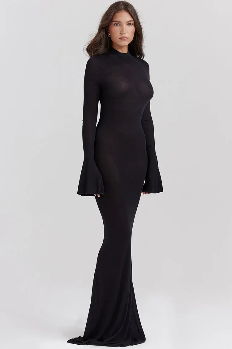 Sexy Cutout Back Mock Neck Bell Sleeve Fishtail Evening Maxi Dress - Black  Fashionpara