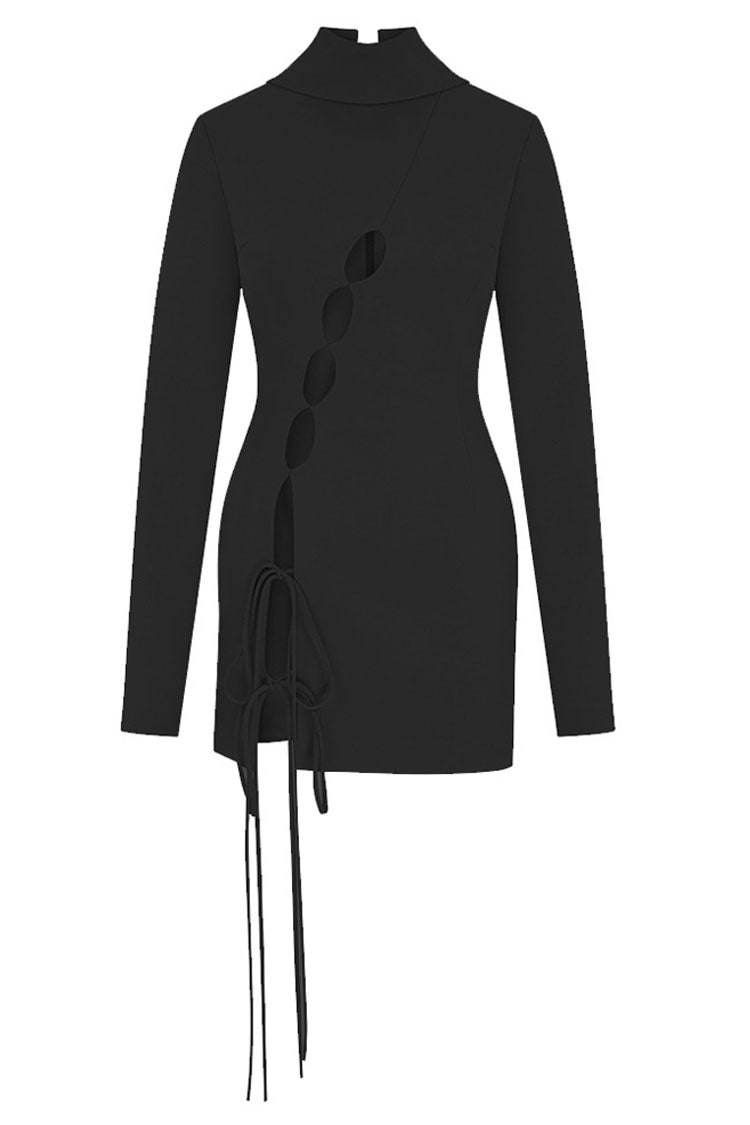 Cutout Bow Tie High Neck Long Sleeve Bandage Mini Dress - Black - Fashionpara