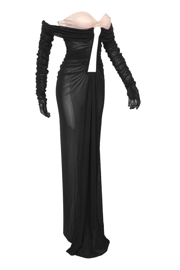 Sexy Cutout Bustier Off Shoulder Ruched Drape Mesh Evening Maxi Dress - Fashionpara