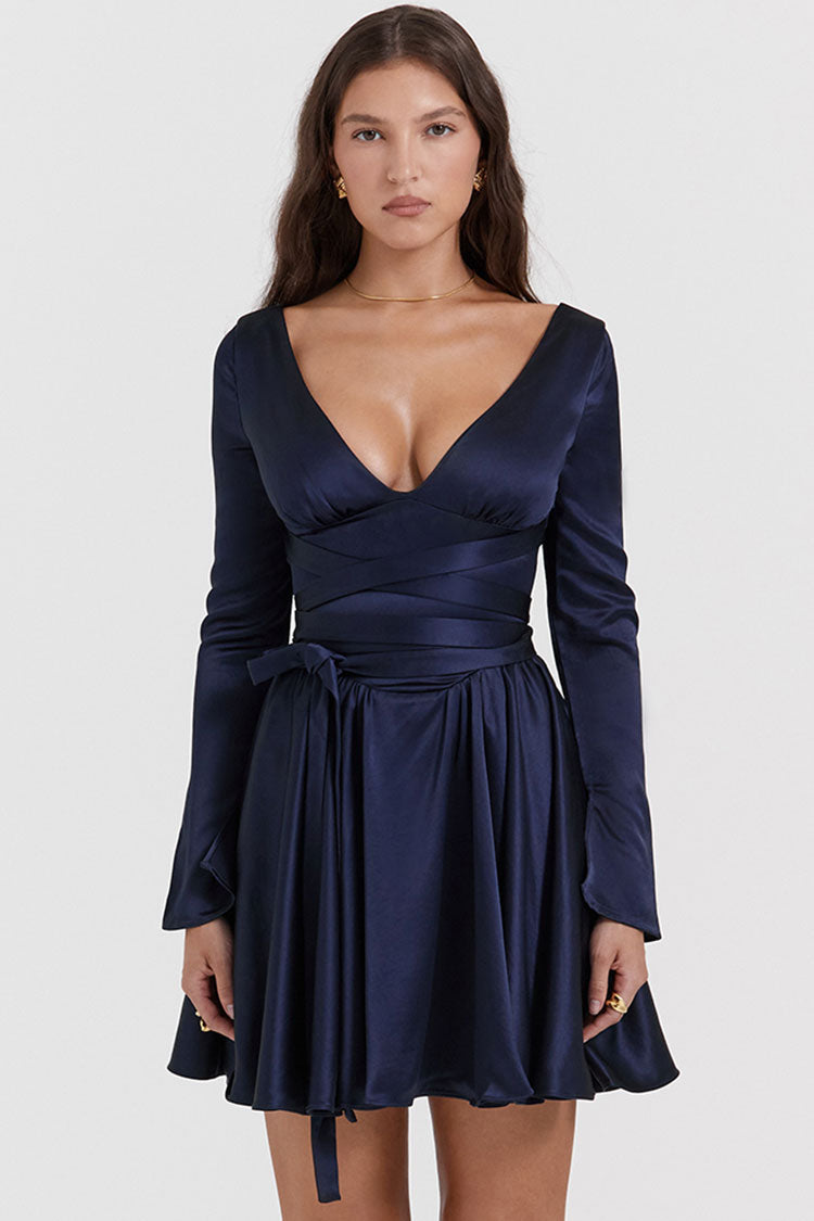 Sexy Deep V Long Sleeve Wrap Tie Waist Silky Satin Party Mini Dress - Navy Blue - Fashionpara