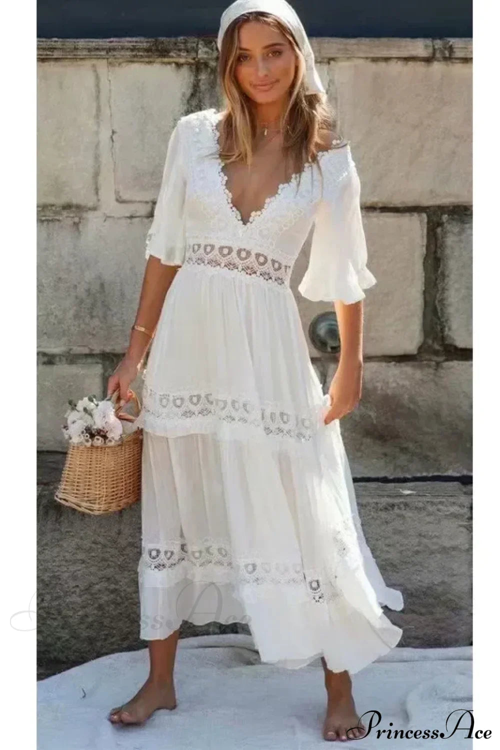 Sexy Deep V-neck Backless Cotton Lace Dress