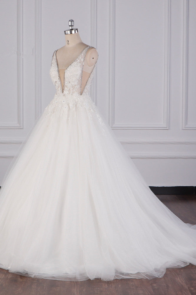 Sexy Deep-V-Neck Ball Gown Wedding Dress Sleeveless Appliques Beadings Bridal Gowns On Sale - Fashionpara