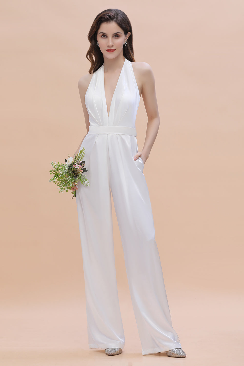 Sexy Deep-V-Neck Halter Backless Charmeuse Bridesmaid Jumpsuit - Fashionpara