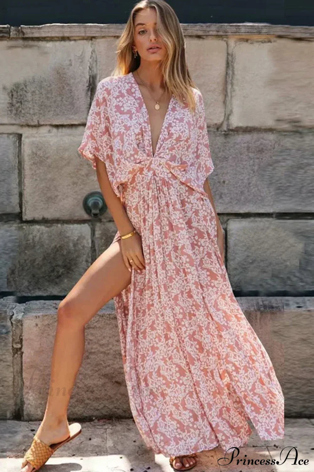 Sexy Deep V-neck Maxi Dress Vintage Floral Print Side Split Boho Dress
