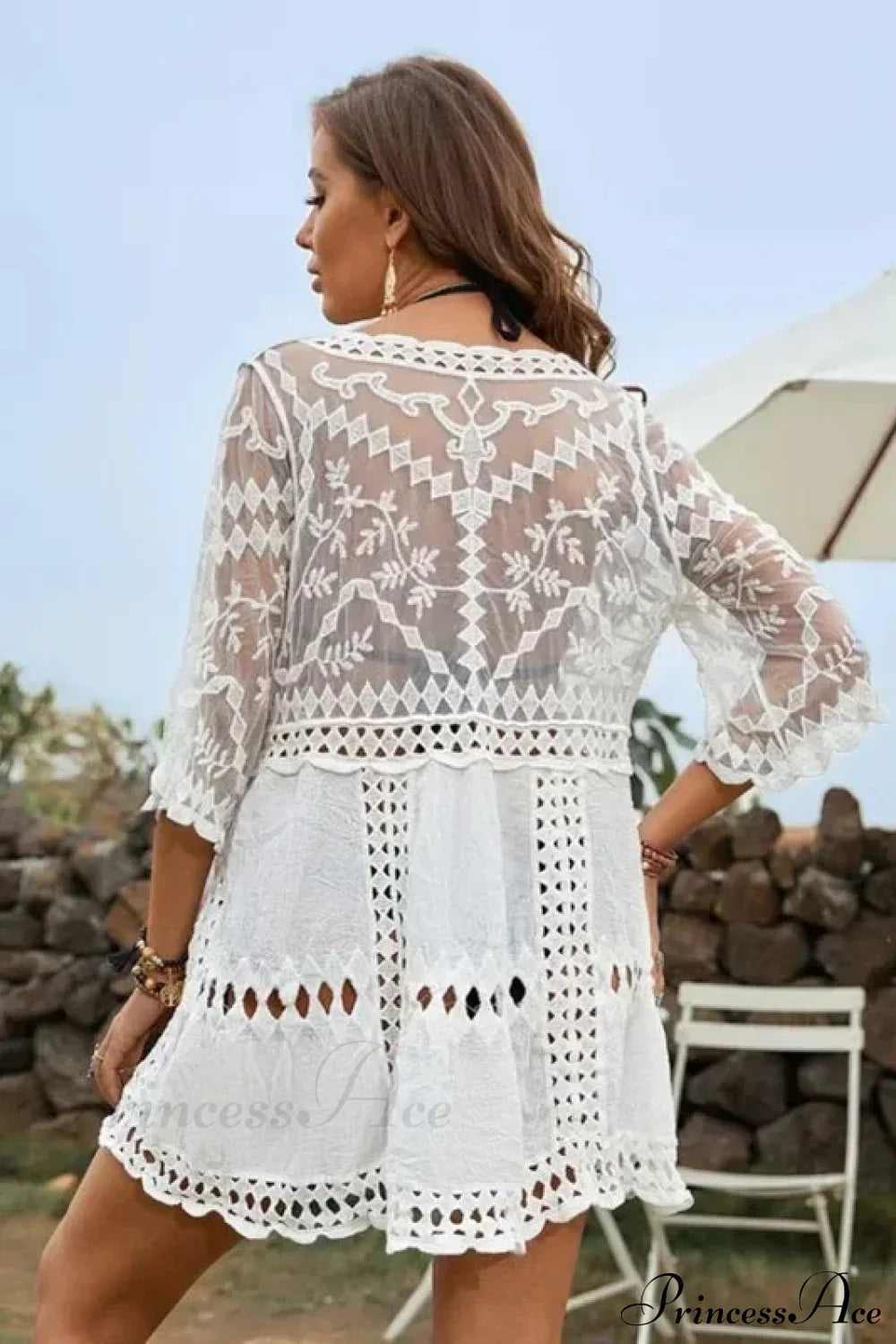 Sexy Deep V-neck White Lace Dress Women Cover-up Kimono Boho Beach Wear