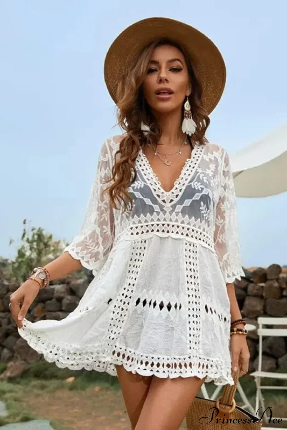 Sexy Deep V-neck White Lace Dress Women Cover-up Kimono Boho Beach Wear