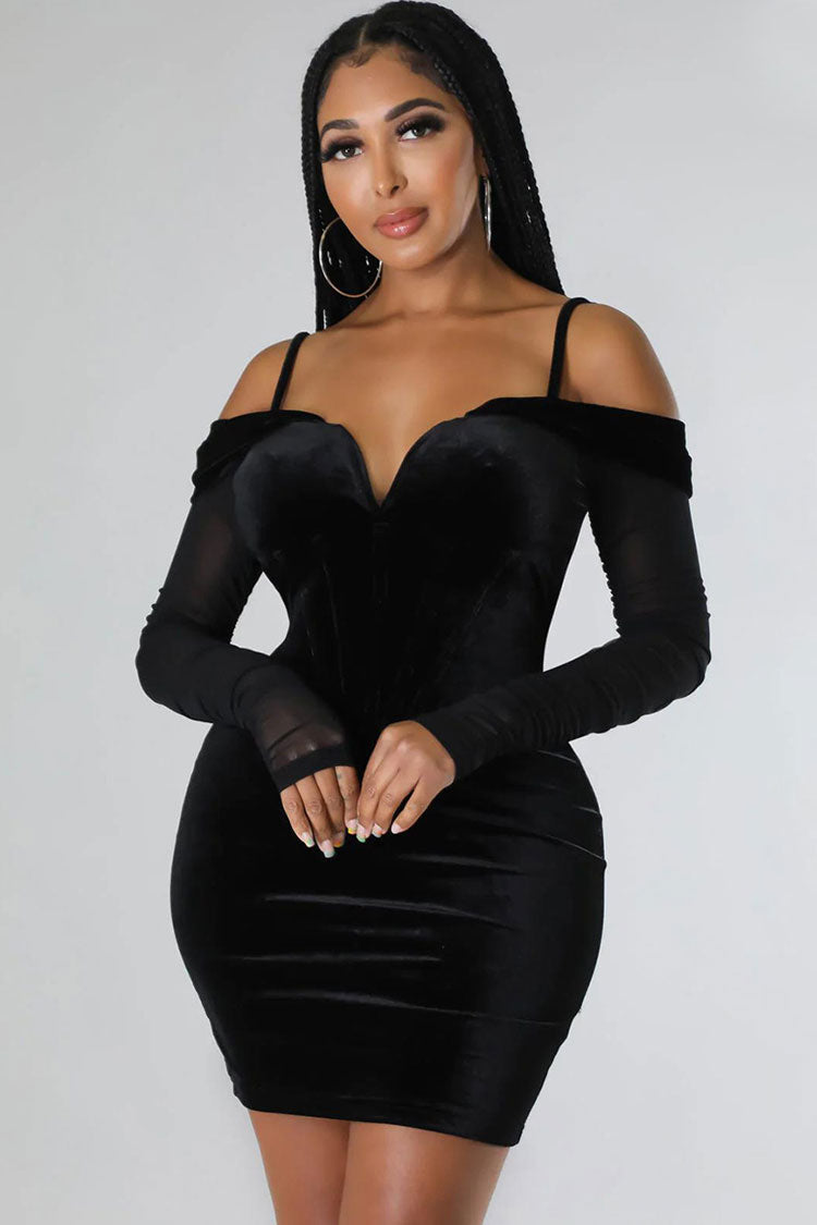 Velvet Off Shoulder Sheer Sleeve Corset Bodycon Mini Dress