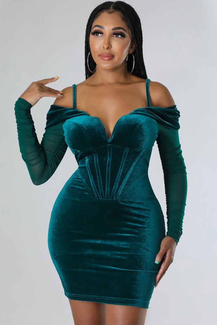 Velvet Off Shoulder Sheer Sleeve Corset Bodycon Mini Dress in Green