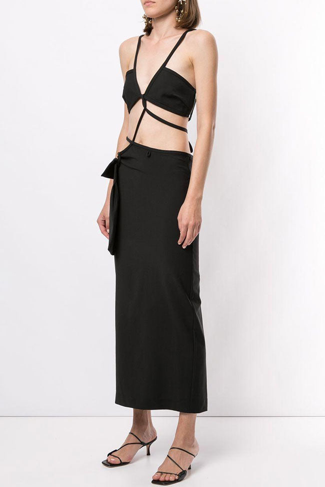 Deep V Spaghetti Strap Cutout Club Maxi Dress - Black - Fashionpara