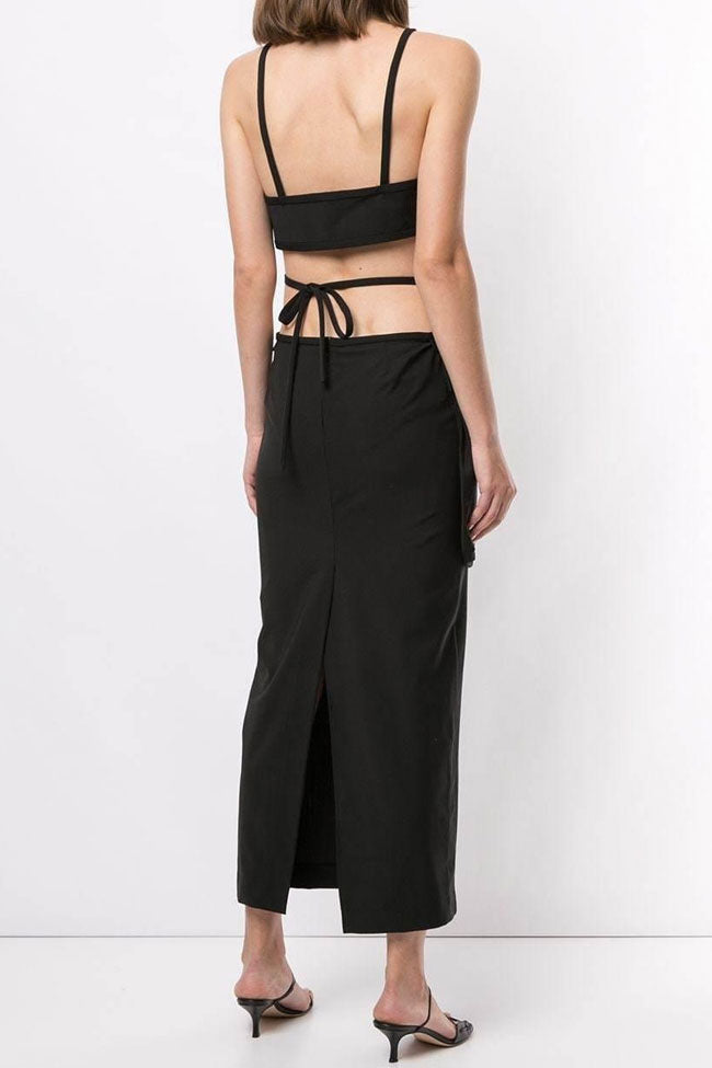 Deep V Spaghetti Strap Cutout Club Maxi Dress - Black - Fashionpara