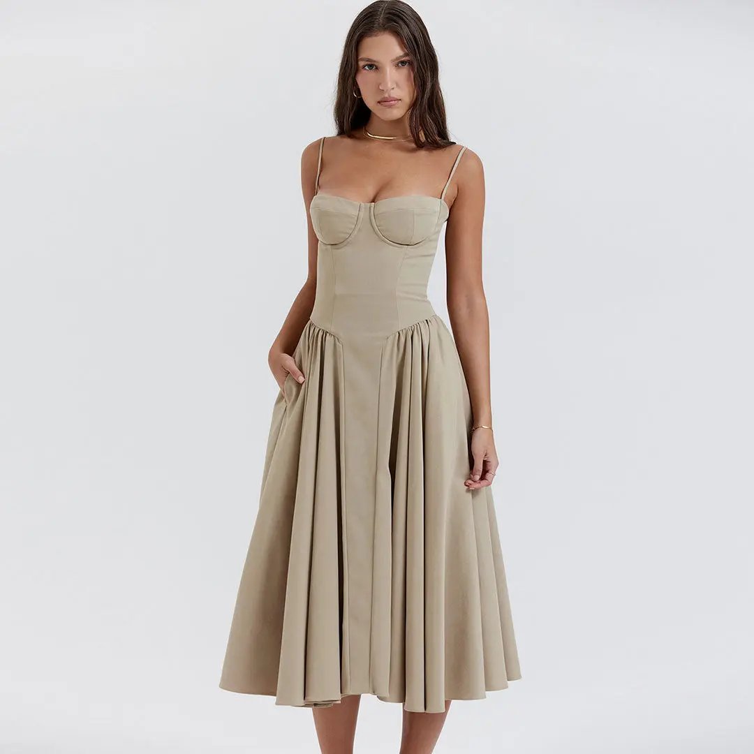Sexy Demi Neck Drop Waist Fit and Flare Midi Cami Sundress - Khaki  Fashionpara